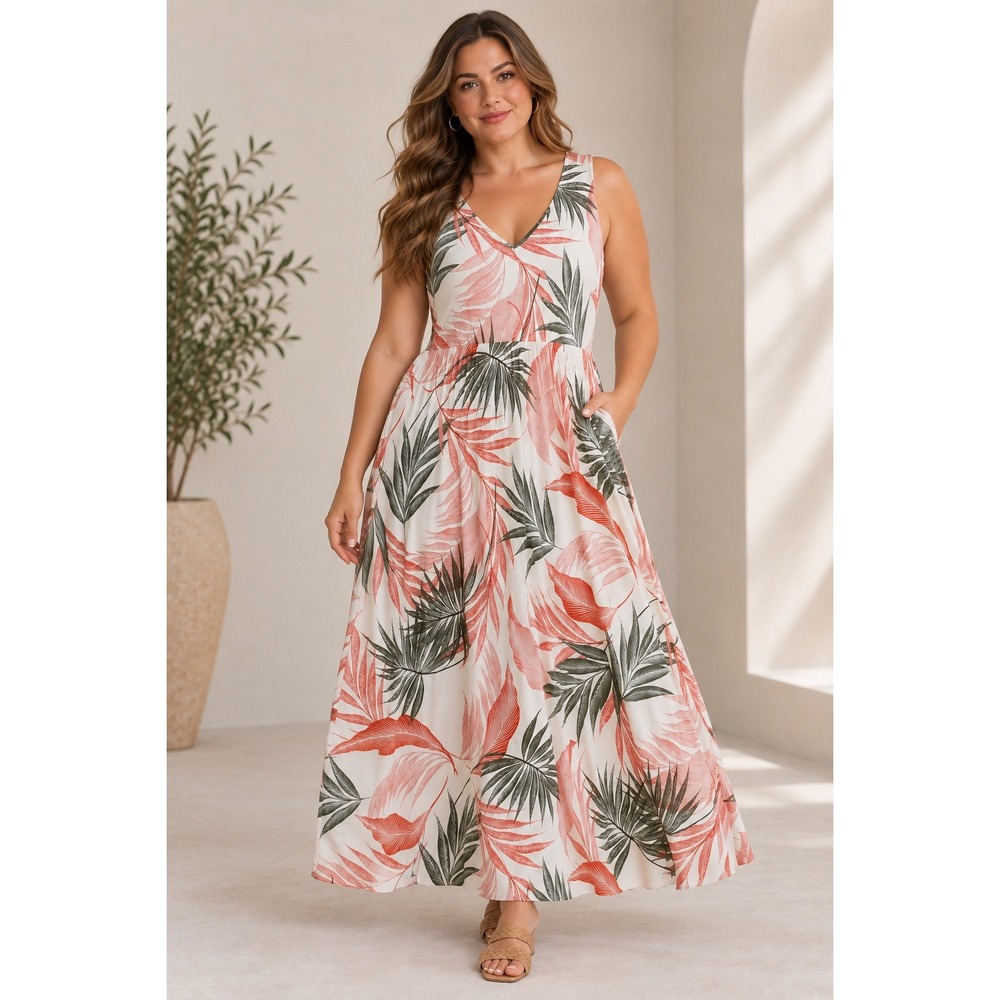 Tahari Maxi Dress Women 1X White Coral Tropical Palm Leaf V-Neck Sleeveless